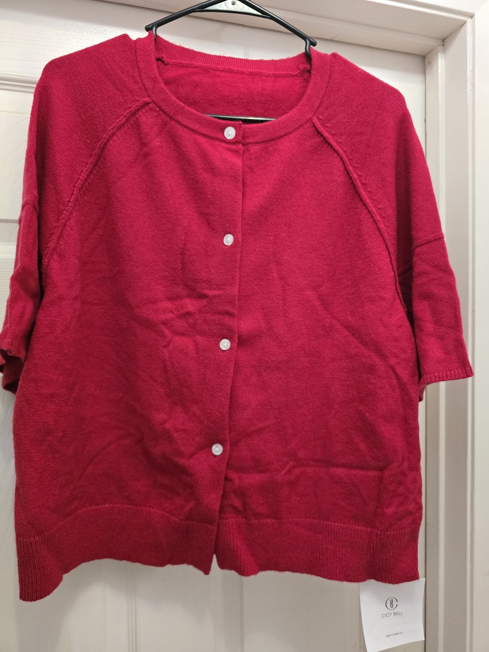 Short-Sleeve Button Cardigan Sweater in Red